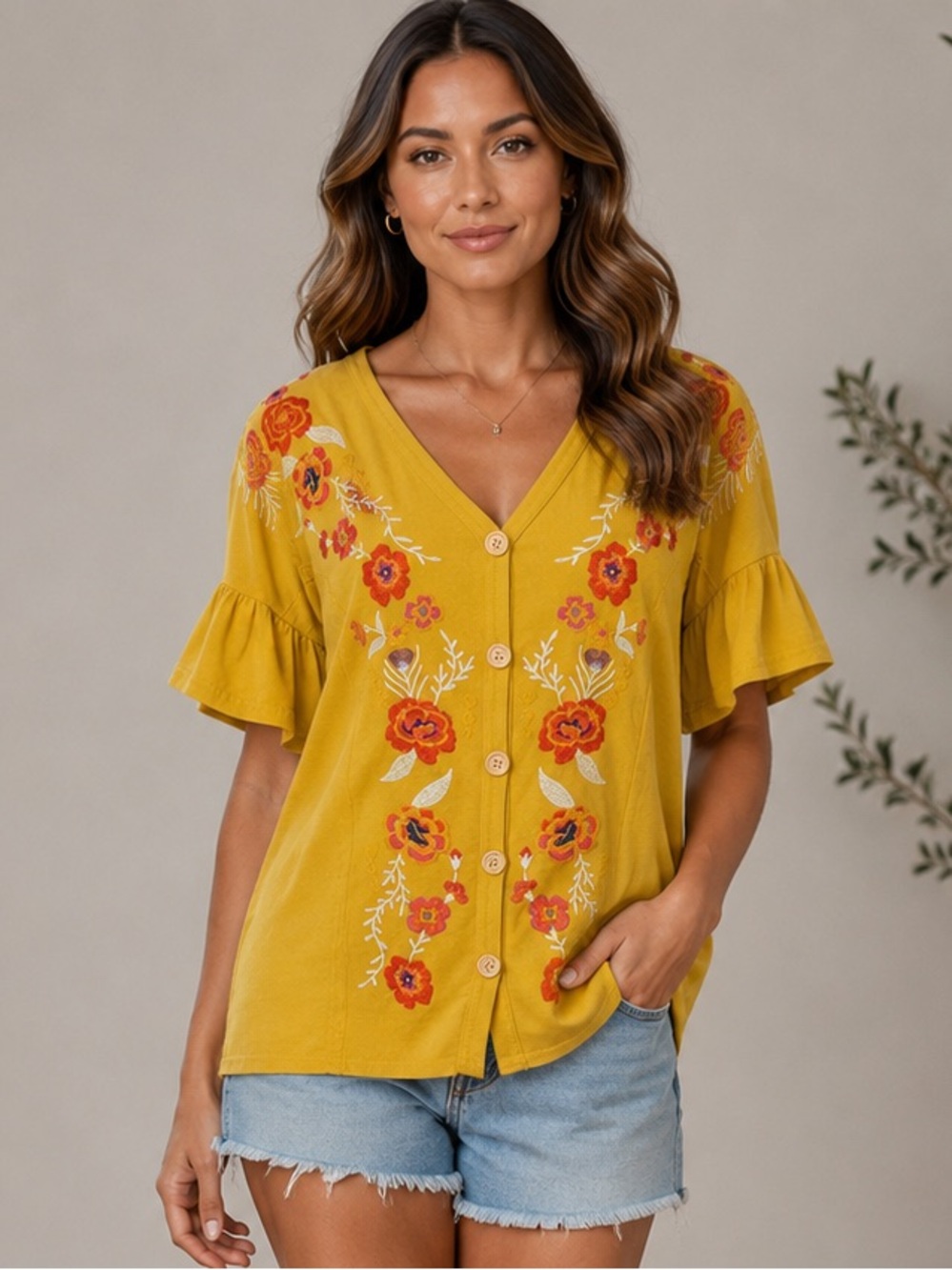 Umgee Mustard Embroidered Button-Front Ruffle Sleeve Top